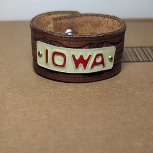 Iowa Brown Leather Statement Bracelet with Red Accent